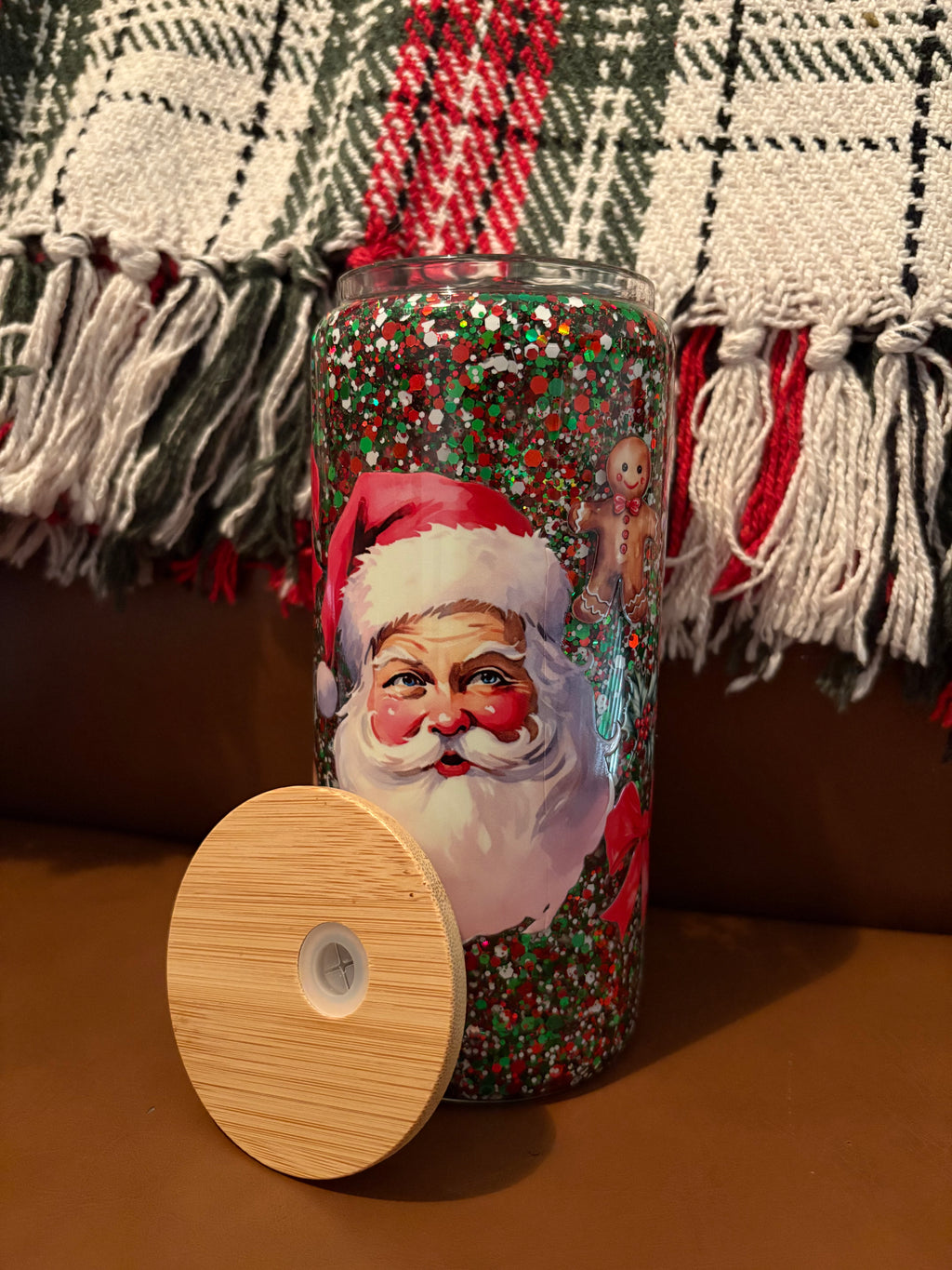Pre-made Slow Flow 16oz Glass Tumbler with Red Vintage Santa Wrap