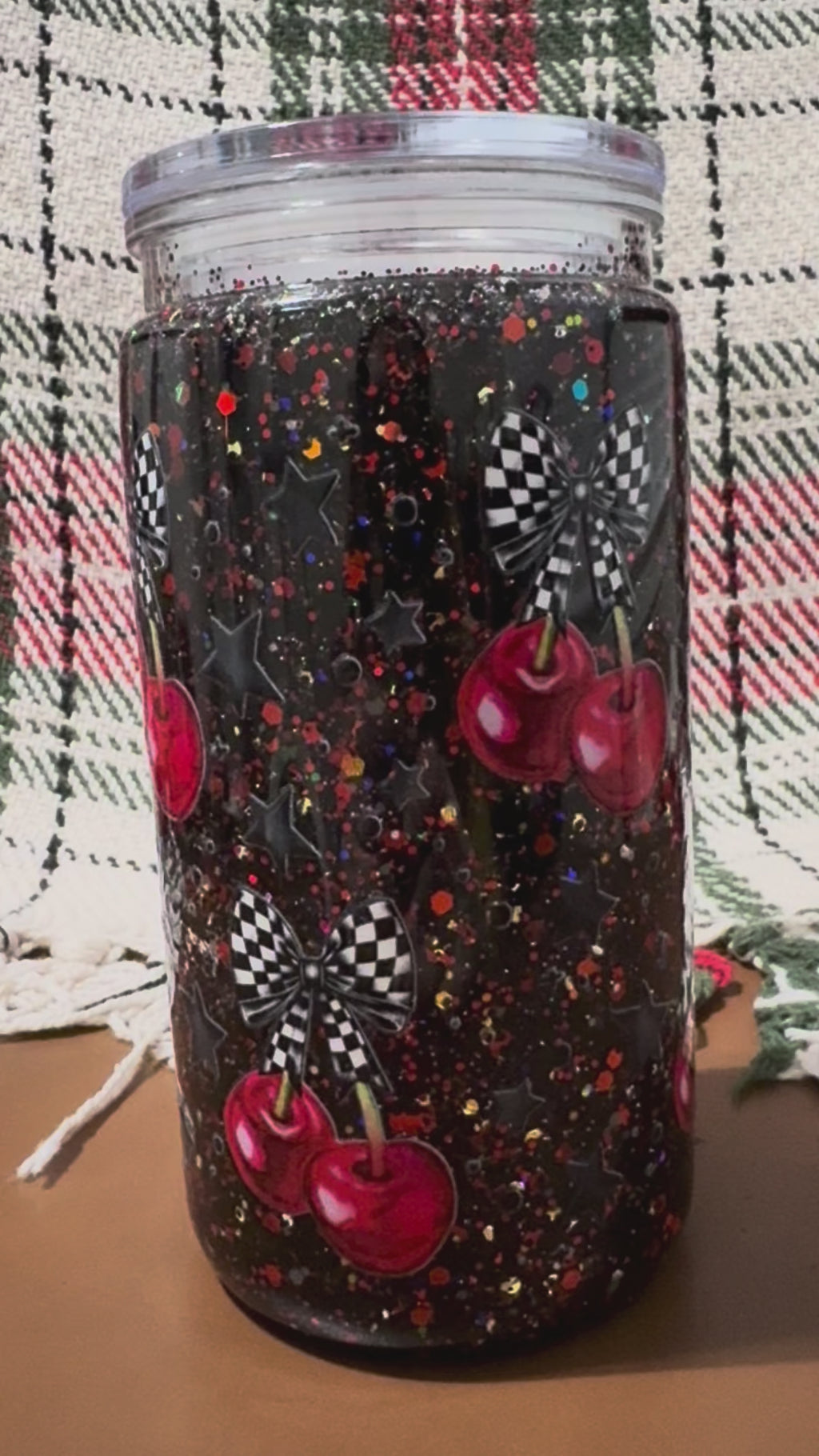 16oz Pre-made Snow Globe Tumbler with Checkered Cherry Wrap
