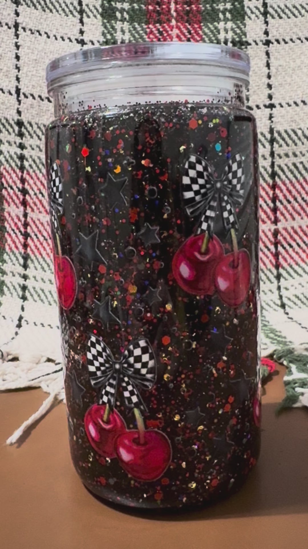 16oz Pre-made Snow Globe Tumbler with Checkered Cherry Wrap